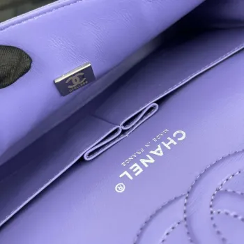 Chanel A01112 Flap Classic Handbag Grained Calfskin & Silver Tone Metal Purple