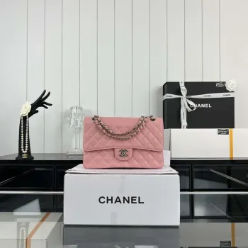 Chanel A01112 Flap Classic Handbag Grained Calfskin & Silver Tone Metal Pink