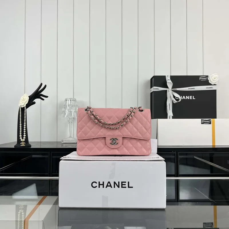 Chanel A01112 Flap Classic Handbag Grained Calfskin & Silver Tone Metal Pink