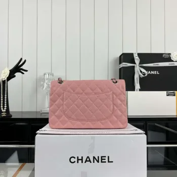 Chanel A01112 Flap Classic Handbag Grained Calfskin & Silver Tone Metal Pink