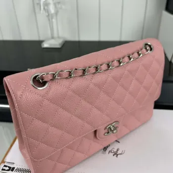 Chanel A01112 Flap Classic Handbag Grained Calfskin & Silver Tone Metal Pink