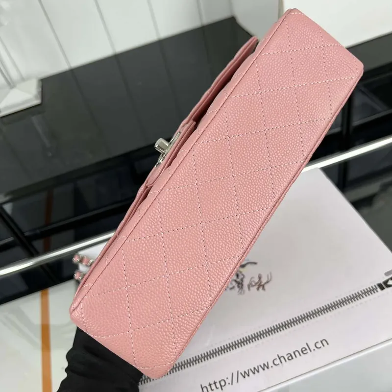 Chanel A01112 Flap Classic Handbag Grained Calfskin & Silver Tone Metal Pink