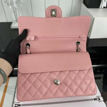 Chanel A01112 Flap Classic Handbag Grained Calfskin & Silver Tone Metal Pink
