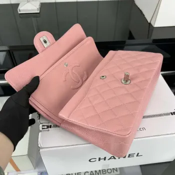 Chanel A01112 Flap Classic Handbag Grained Calfskin & Silver Tone Metal Pink