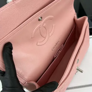 Chanel A01112 Flap Classic Handbag Grained Calfskin & Silver Tone Metal Pink
