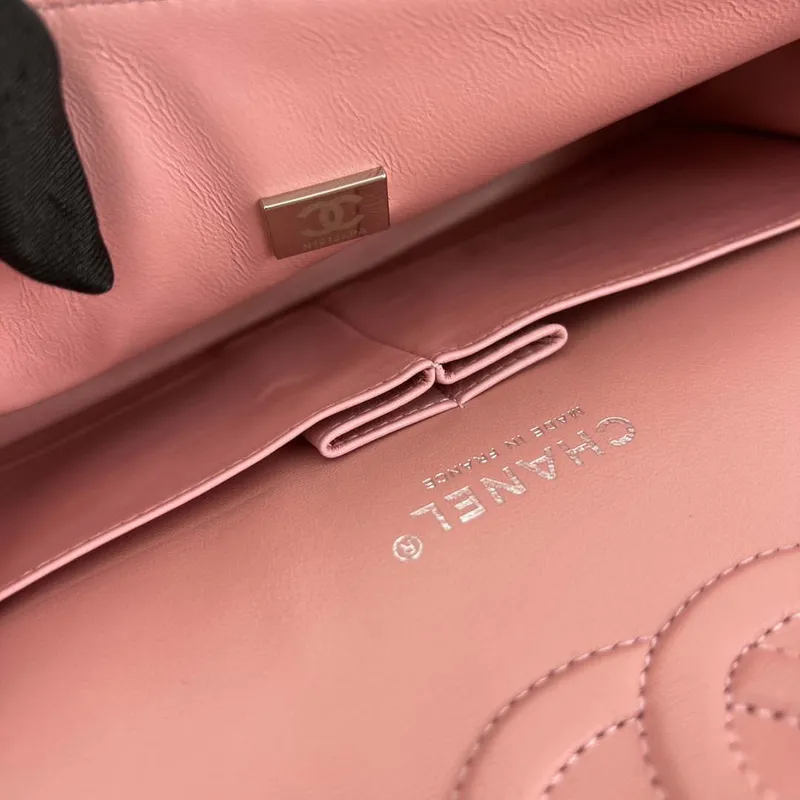 Chanel A01112 Flap Classic Handbag Grained Calfskin & Silver Tone Metal Pink