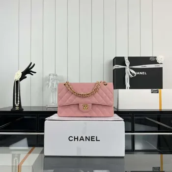 Chanel A01112 Flap Classic Handbag Grained Calfskin & Gold Tone Metal Pink