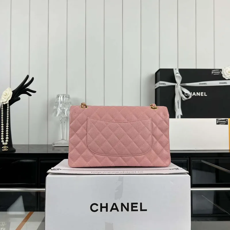 Chanel A01112 Flap Classic Handbag Grained Calfskin & Gold Tone Metal Pink