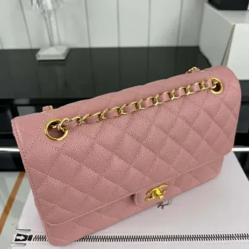 Chanel A01112 Flap Classic Handbag Grained Calfskin & Gold Tone Metal Pink