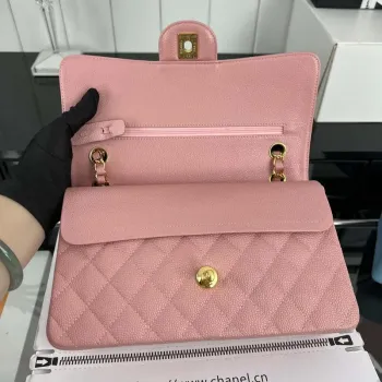 Chanel A01112 Flap Classic Handbag Grained Calfskin & Gold Tone Metal Pink