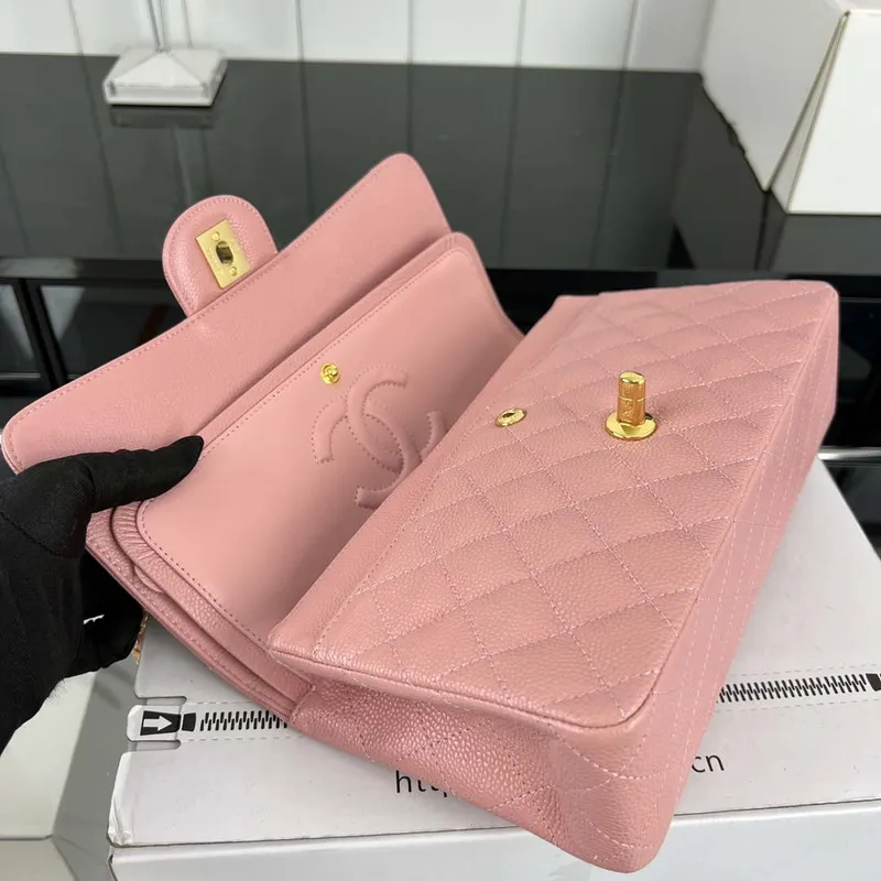Chanel A01112 Flap Classic Handbag Grained Calfskin & Gold Tone Metal Pink