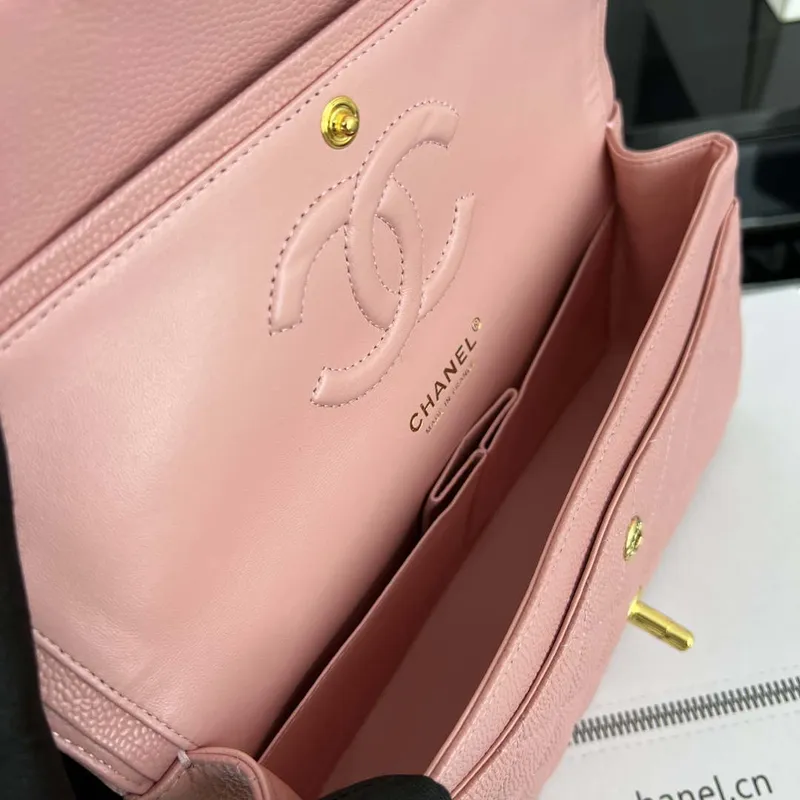 Chanel A01112 Flap Classic Handbag Grained Calfskin & Gold Tone Metal Pink