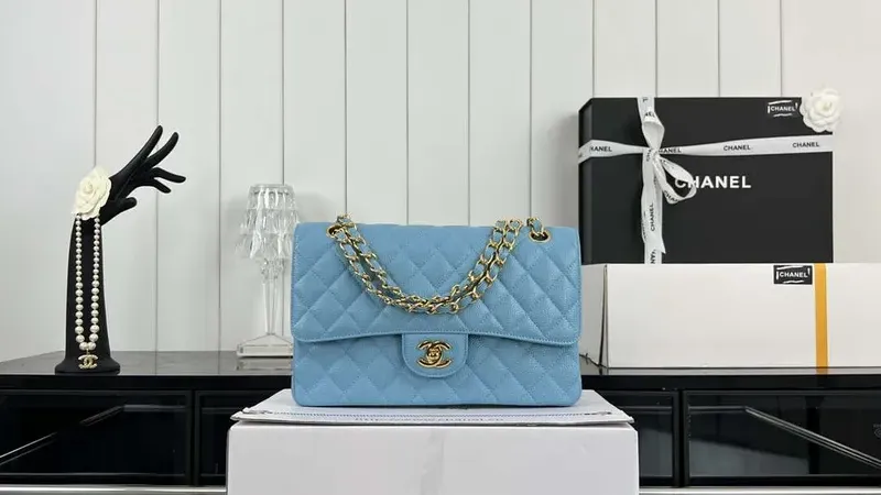 Chanel A01112 Classic Flap Handbag — Grained Calfskin & Gold-Tone in Blue