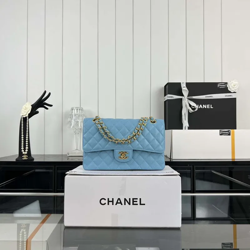 Chanel A01112 Flap Classic Handbag Grained Calfskin & Gold Tone Metal Blue