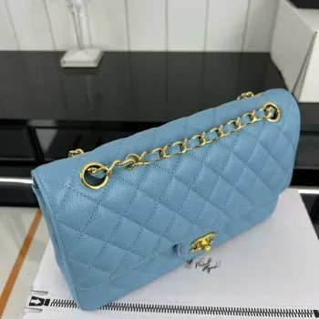 Chanel A01112 Flap Classic Handbag Grained Calfskin & Gold Tone Metal Blue