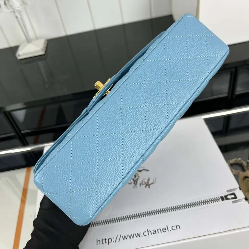 Chanel A01112 Flap Classic Handbag Grained Calfskin & Gold Tone Metal Blue