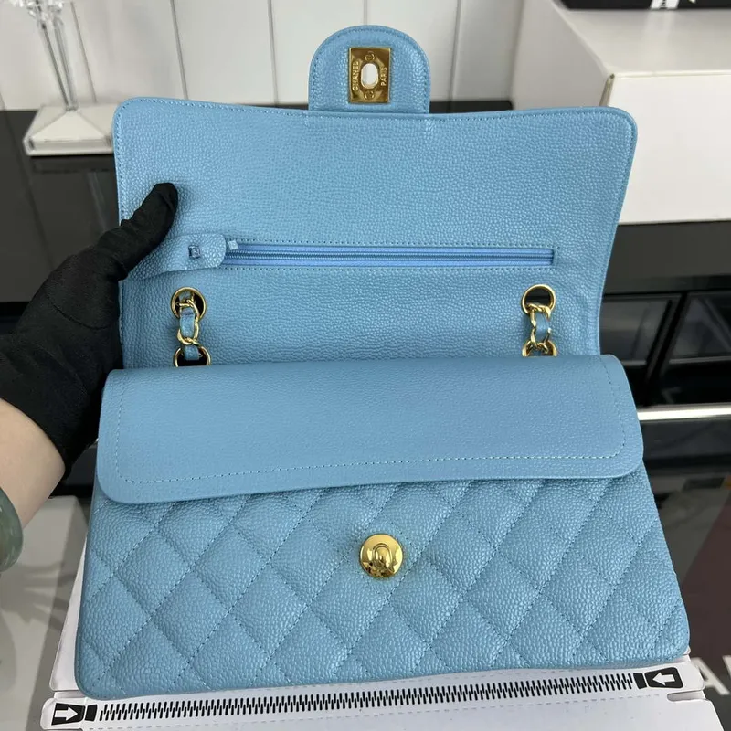 Chanel A01112 Flap Classic Handbag Grained Calfskin & Gold Tone Metal Blue