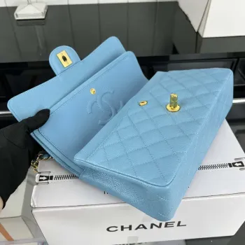 Chanel A01112 Flap Classic Handbag Grained Calfskin & Gold Tone Metal Blue