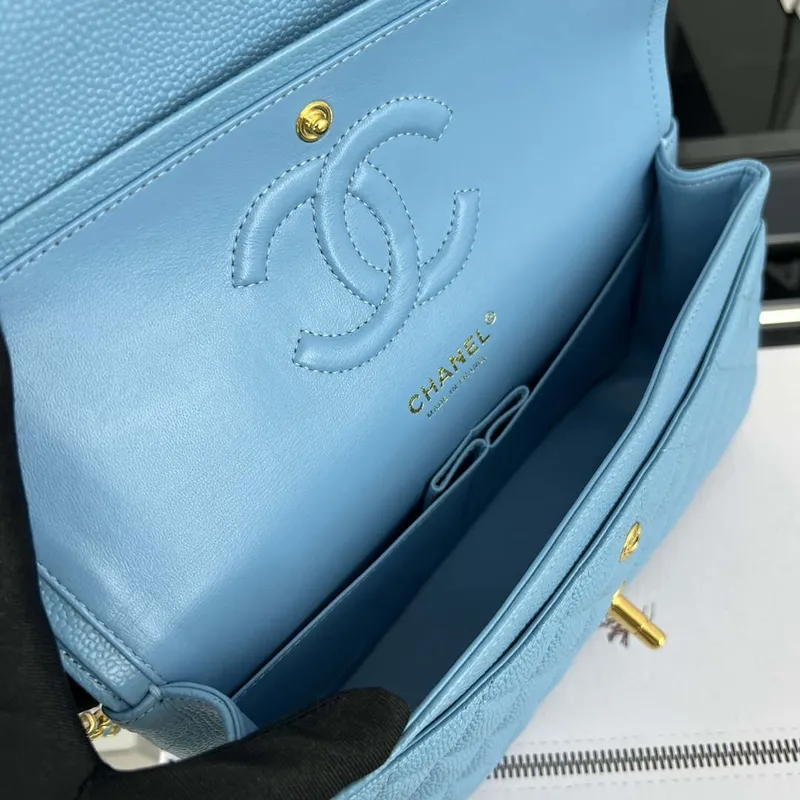 Chanel A01112 Flap Classic Handbag Grained Calfskin & Gold Tone Metal Blue