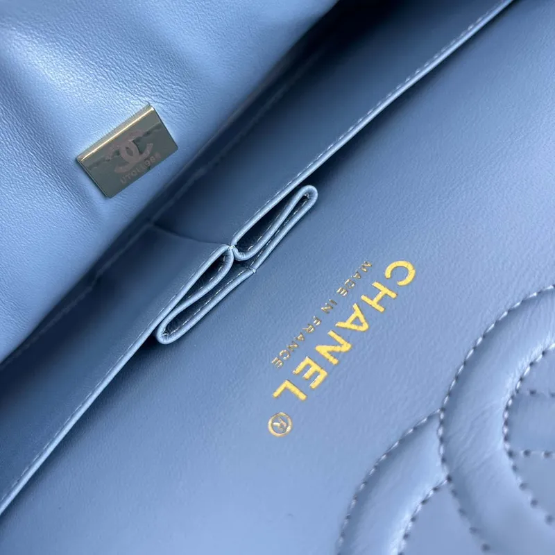 Chanel A01112 Flap Classic Handbag Grained Calfskin & Gold Tone Metal Blue