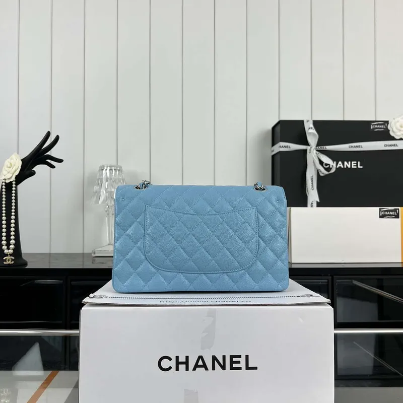 Chanel A01112 Flap Classic Handbag Grained Calfskin & Silver Tone Metal Blue