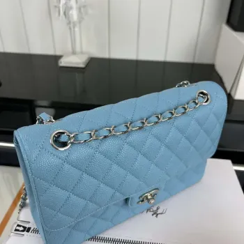 Chanel A01112 Flap Classic Handbag Grained Calfskin & Silver Tone Metal Blue