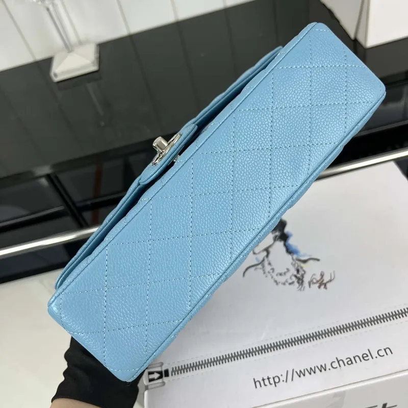 Chanel A01112 Flap Classic Handbag Grained Calfskin & Silver Tone Metal Blue