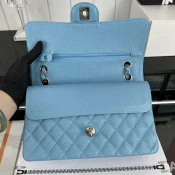 Chanel A01112 Flap Classic Handbag Grained Calfskin & Silver Tone Metal Blue