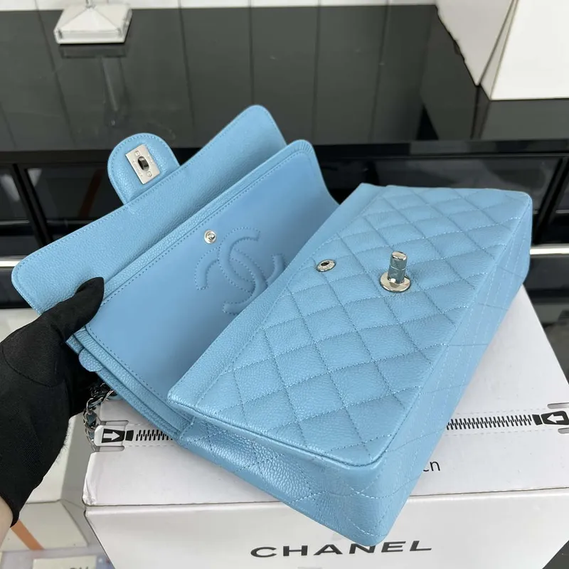 Chanel A01112 Flap Classic Handbag Grained Calfskin & Silver Tone Metal Blue