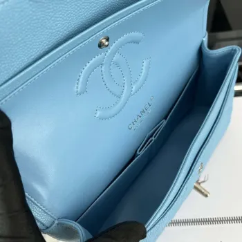 Chanel A01112 Flap Classic Handbag Grained Calfskin & Silver Tone Metal Blue