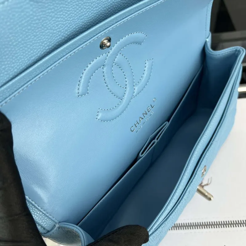 Chanel A01112 Flap Classic Handbag Grained Calfskin & Silver Tone Metal Blue