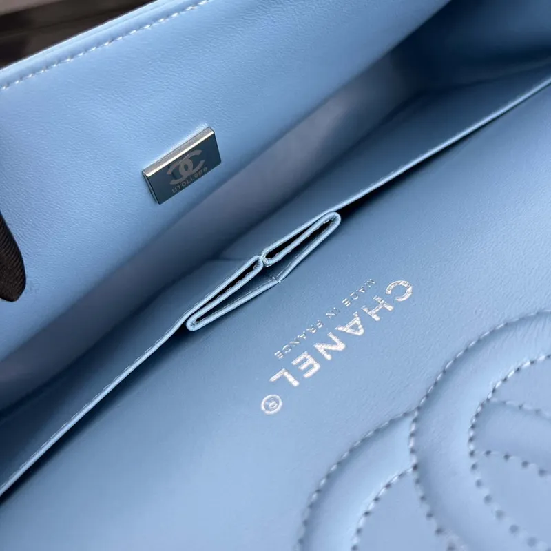 Chanel A01112 Flap Classic Handbag Grained Calfskin & Silver Tone Metal Blue