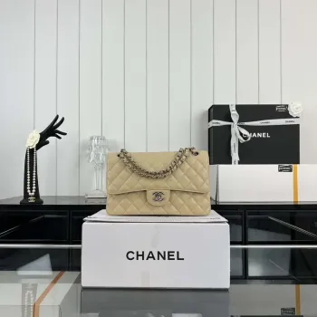 Chanel A01112 Flap Classic Handbag Grained Calfskin & Silver Tone Metal Apricot