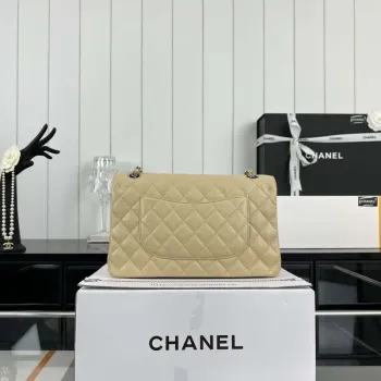 Chanel A01112 Flap Classic Handbag Grained Calfskin & Silver Tone Metal Apricot