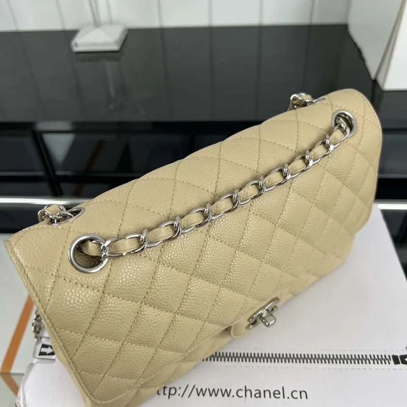 Chanel A01112 Flap Classic Handbag Grained Calfskin & Silver Tone Metal Apricot
