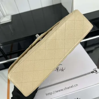 Chanel A01112 Flap Classic Handbag Grained Calfskin & Silver Tone Metal Apricot