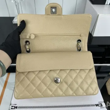 Chanel A01112 Flap Classic Handbag Grained Calfskin & Silver Tone Metal Apricot