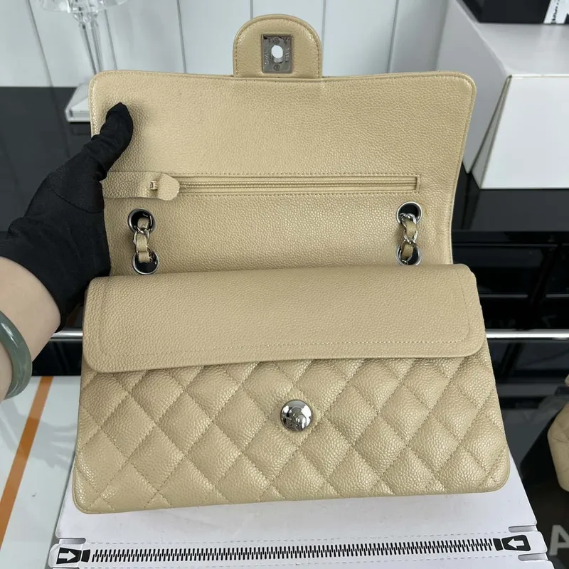 Chanel A01112 Flap Classic Handbag Grained Calfskin & Silver Tone Metal Apricot