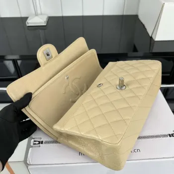 Chanel A01112 Flap Classic Handbag Grained Calfskin & Silver Tone Metal Apricot