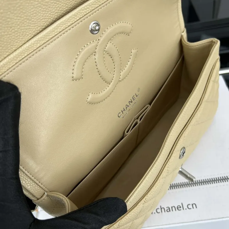Chanel A01112 Flap Classic Handbag Grained Calfskin & Silver Tone Metal Apricot