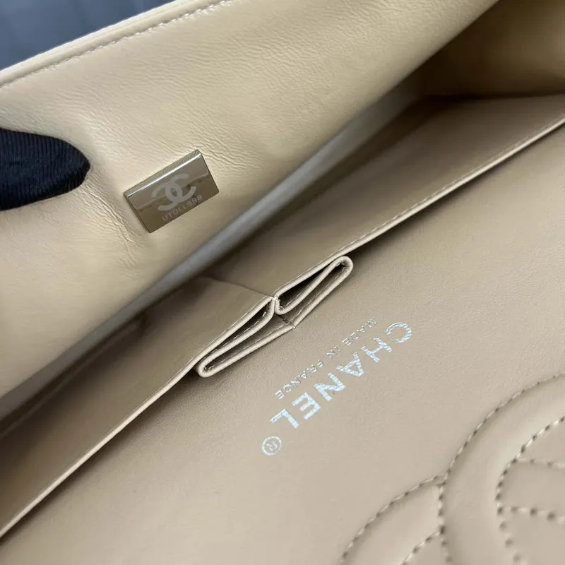 Chanel A01112 Flap Classic Handbag Grained Calfskin & Silver Tone Metal Apricot