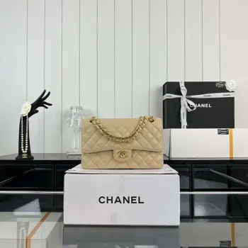 Chanel A01112 Flap Classic Handbag Grained Calfskin & Gold Tone Metal Apricot