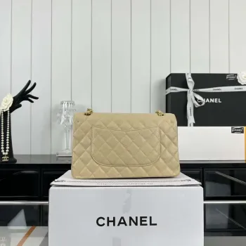 Chanel A01112 Flap Classic Handbag Grained Calfskin & Gold Tone Metal Apricot