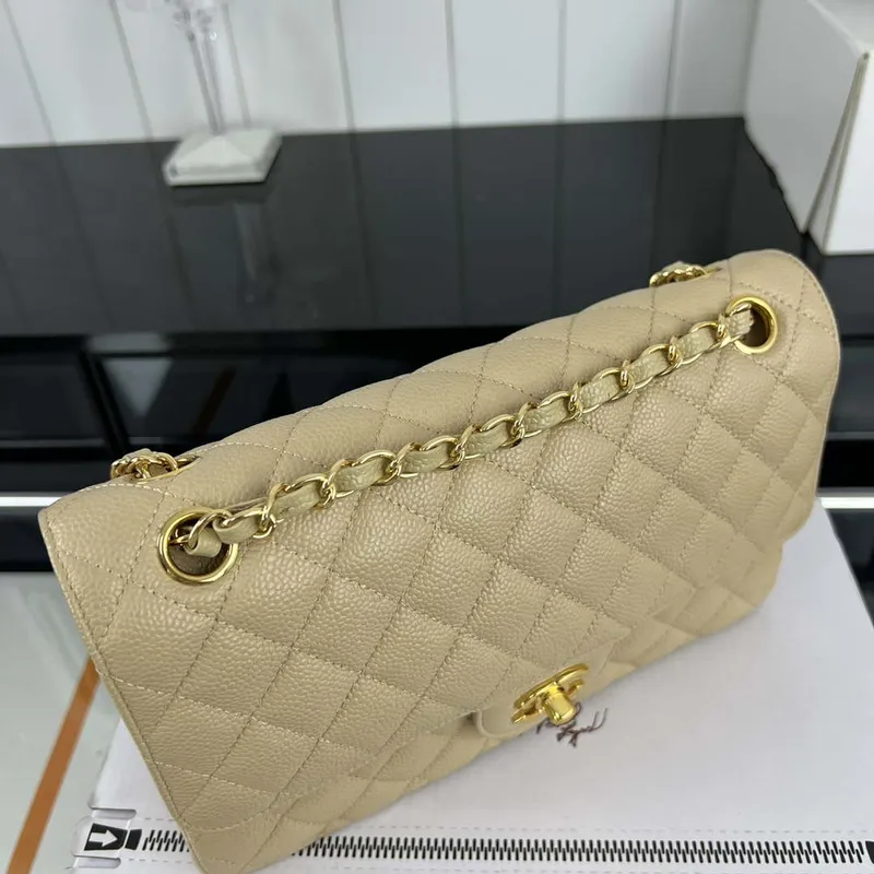 Chanel A01112 Flap Classic Handbag Grained Calfskin & Gold Tone Metal Apricot