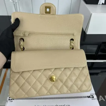 Chanel A01112 Flap Classic Handbag Grained Calfskin & Gold Tone Metal Apricot