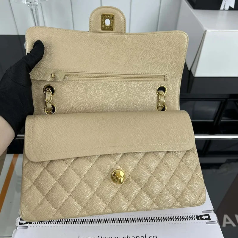 Chanel A01112 Flap Classic Handbag Grained Calfskin & Gold Tone Metal Apricot