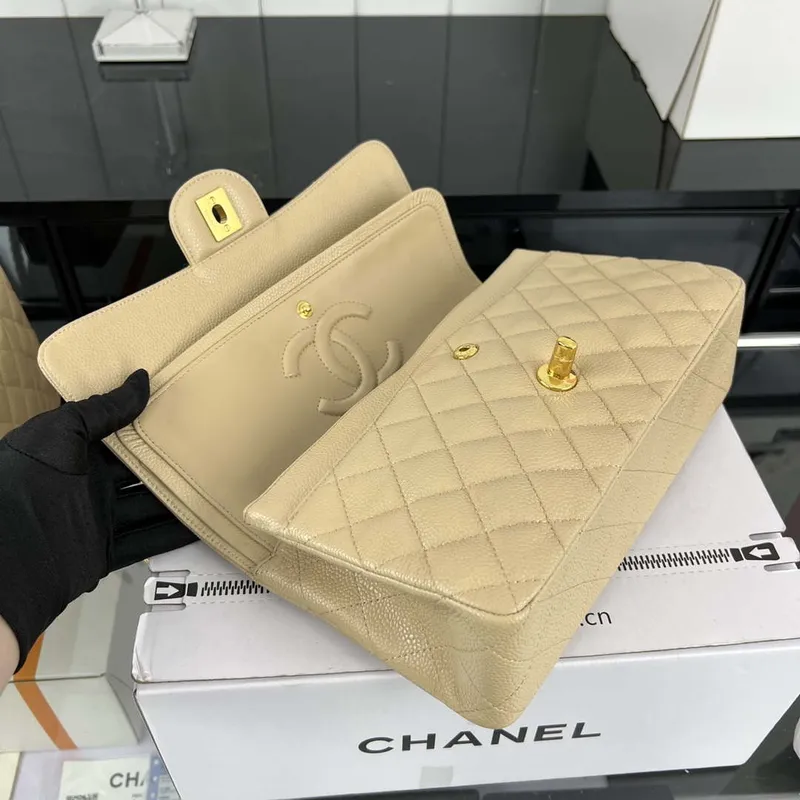 Chanel A01112 Flap Classic Handbag Grained Calfskin & Gold Tone Metal Apricot