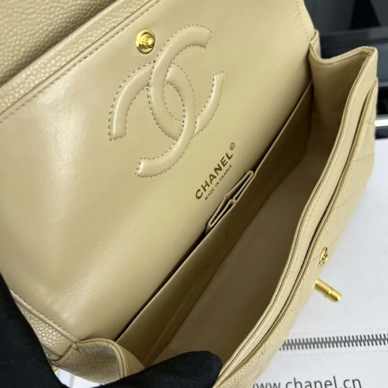 Chanel A01112 Flap Classic Handbag Grained Calfskin & Gold Tone Metal Apricot