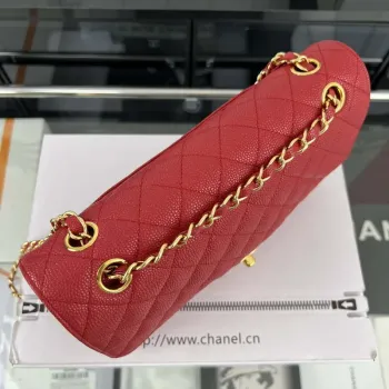 Chanel A01112 Flap Classic Handbag Grained Calfskin & Gold Tone Metal Red