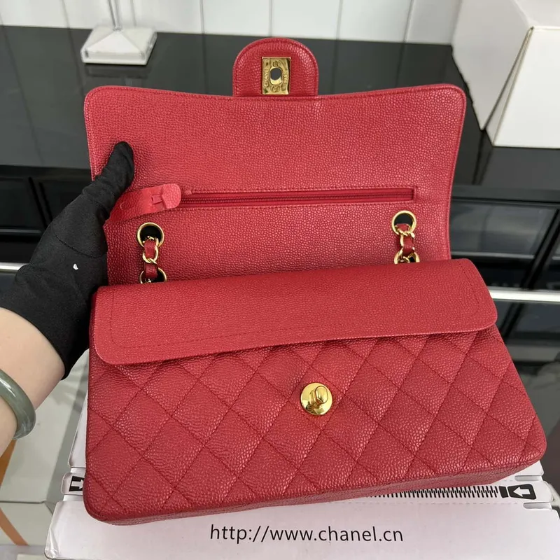 Chanel A01112 Flap Classic Handbag Grained Calfskin & Gold Tone Metal Red
